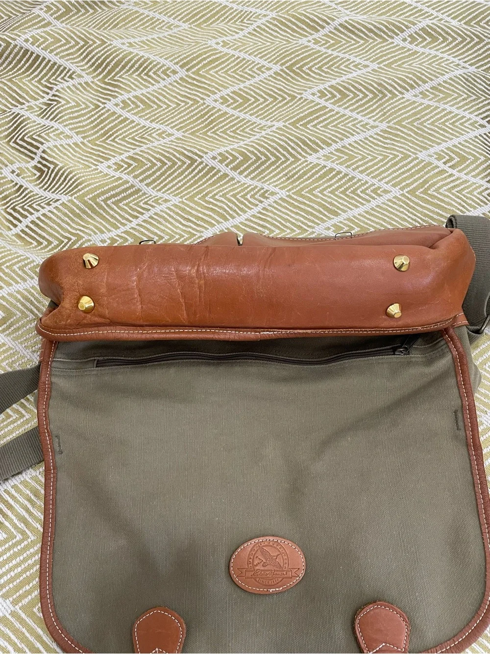 Vintage 1990s Eddie Bauer cotton Canvas Messenger with Brown Leather Trim